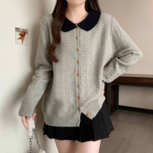 Plus size autumn new style fat mm covers the flesh, looks slim and high-end, doll collar long-sleeved sweater jacket top
