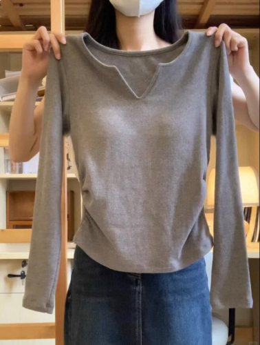 Official picture V-neck pure cotton solid color bottoming shirt for women spring and autumn 2024 new slim fit Korean style long-sleeved T-shirt trendy