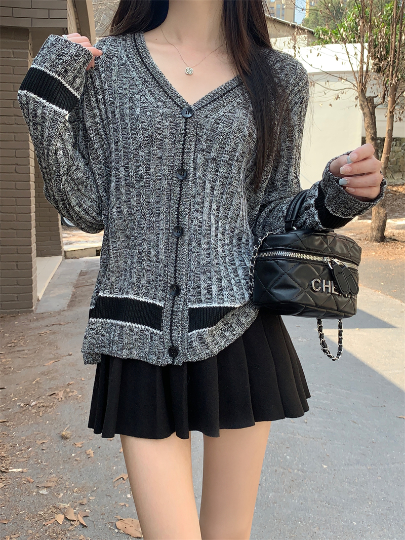 實拍 真 秋冬新款設計感小眾氣質撞色針織衫開衫外套女