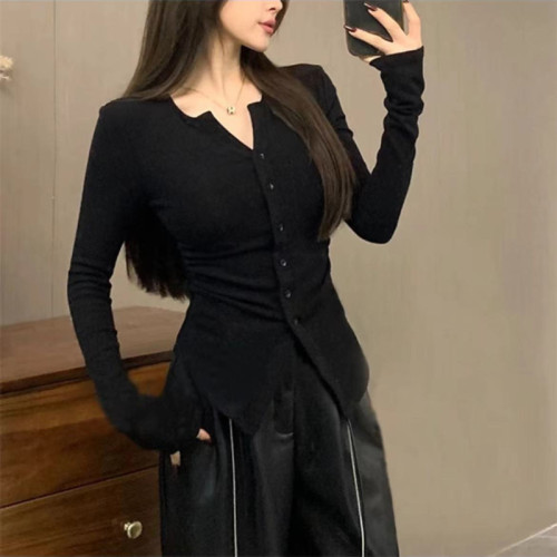 Long-sleeved slim-fitting long-sleeved slim-fitting bottoming shirt for hot girls, irregular niche, autumn temperament, high waist and versatile