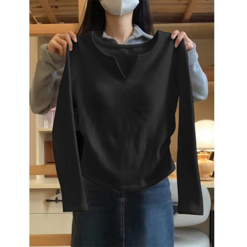 Official picture V-neck pure cotton solid color bottoming shirt for women spring and autumn 2024 new slim fit Korean style long-sleeved T-shirt trendy