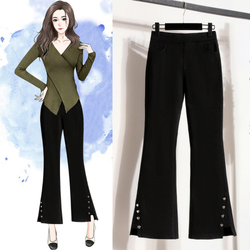 2024 Autumn New Large Size High Waist Elastic Slim Flared Pants Women's Nine-Point Simple Casual Flared Pants