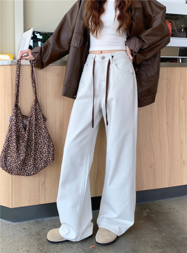 Photographed~ Fleece-lined and Thick Wide-leg Casual Pants for Autumn/Winter High-waist Slimming Drawstring Droopy Straight Leg Ground-length Pants for Women