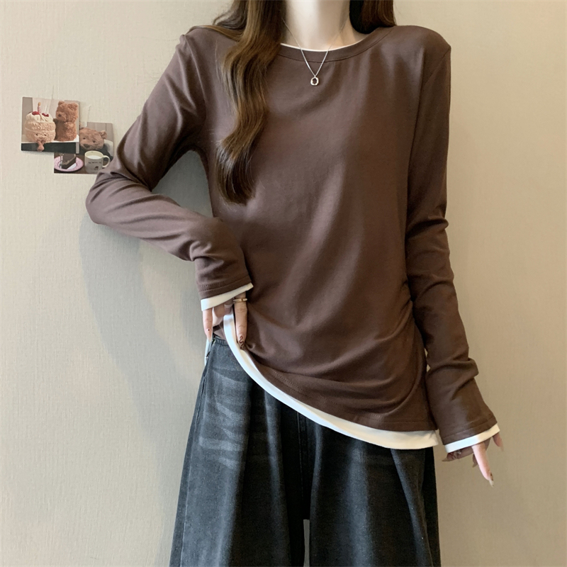Plus size women's autumn and winter new versatile casual slim plus velvet thickened long-sleeved round neck top
