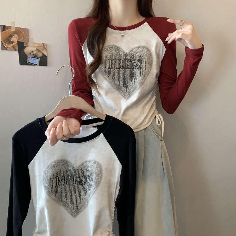 New plus size women's fashion design pure lust style color matching T-shirt versatile slimming drawstring top