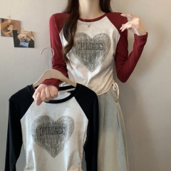 New plus size women's fashion design pure lust style color matching T-shirt versatile slimming drawstring top