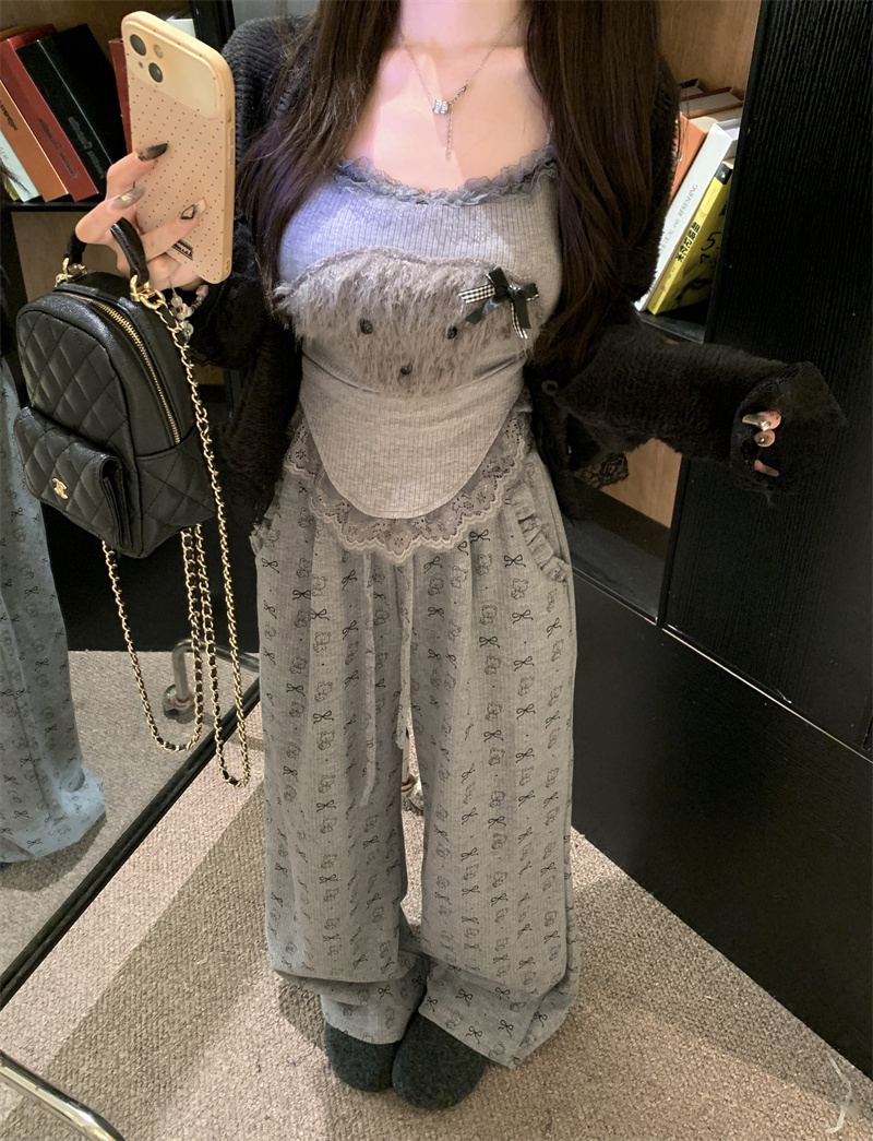 Shot Autumn/Winter Slimming Inner Layer Tank Top Cardigan Pants Set of Three Casual