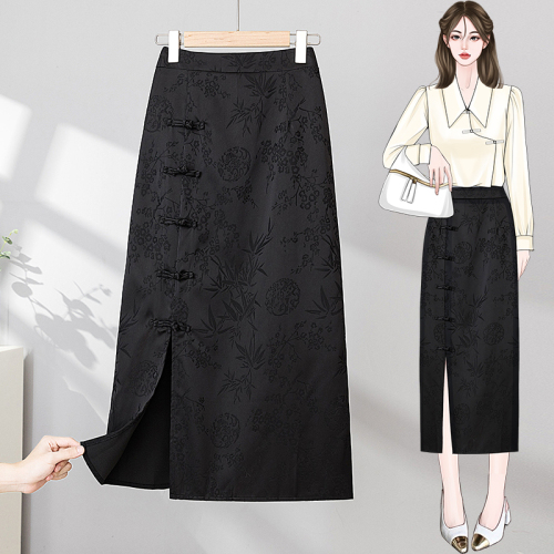 Large size black improved new Chinese style buckle hip skirt retro jacquard high waist slim skirt for women