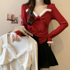 Large size V-neck patchwork furry bow long-sleeved bottoming shirt
