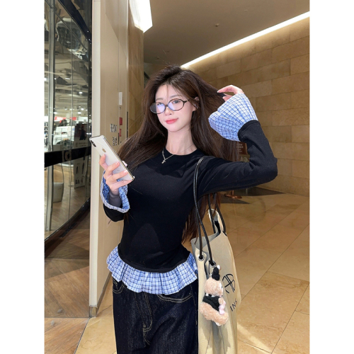 Fake two-piece plaid splicing long-sleeved T-shirt for women 2024 autumn new design slim slim niche bottoming shirt