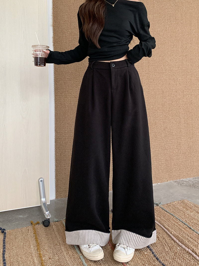 Actual shot of lazy retro woolen casual pants for women with design curling loose wide-leg pants and slim woolen suit pants