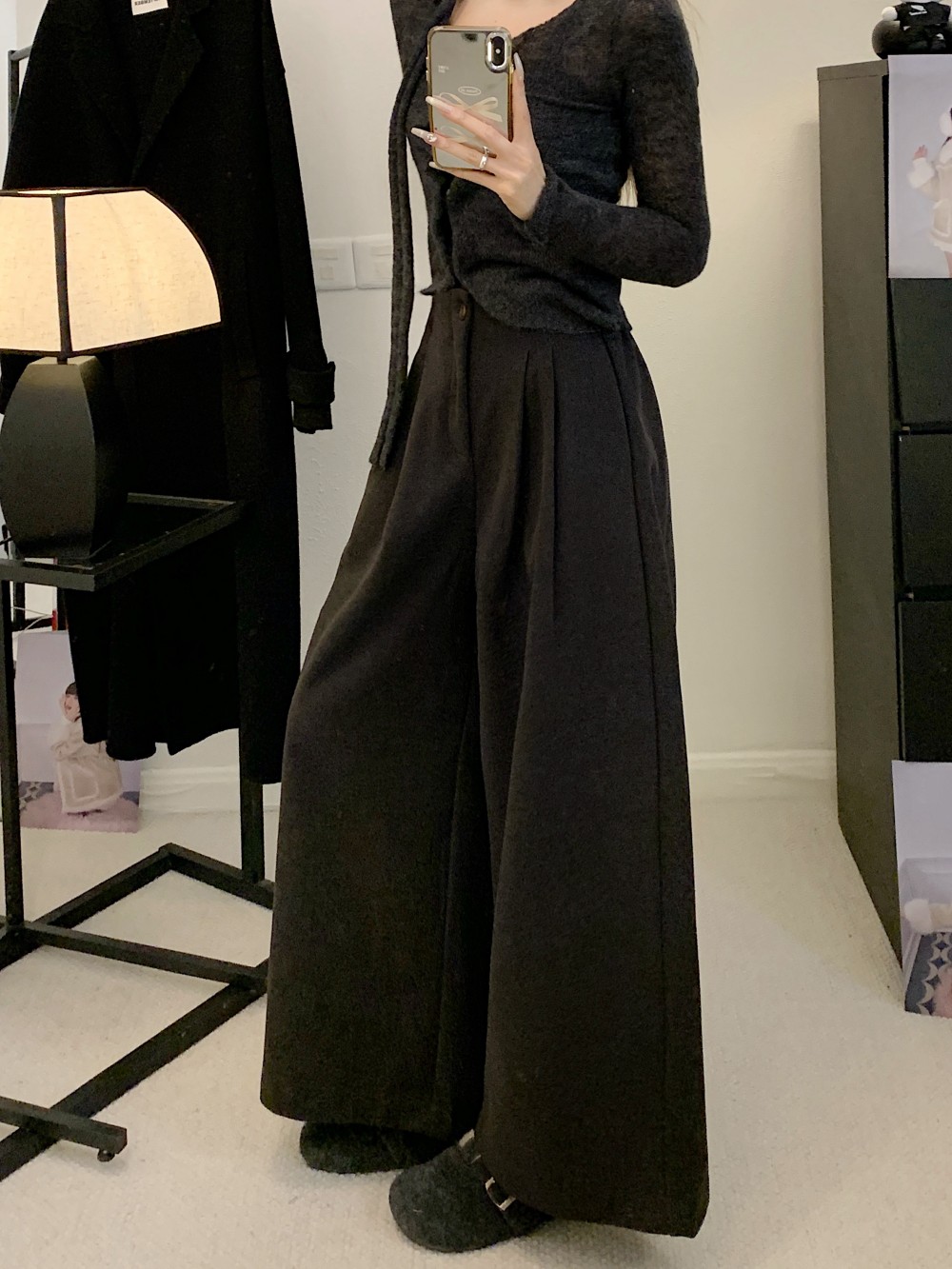 Real shot of autumn and winter 2024 straight loose high-waisted casual pants woolen thickened warm wide-leg pants for women