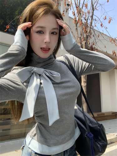 Actual shot of bow-tie inner wear and outer wear autumn and winter slim fit contrasting color splicing fake two-piece long-sleeved T-shirt for women