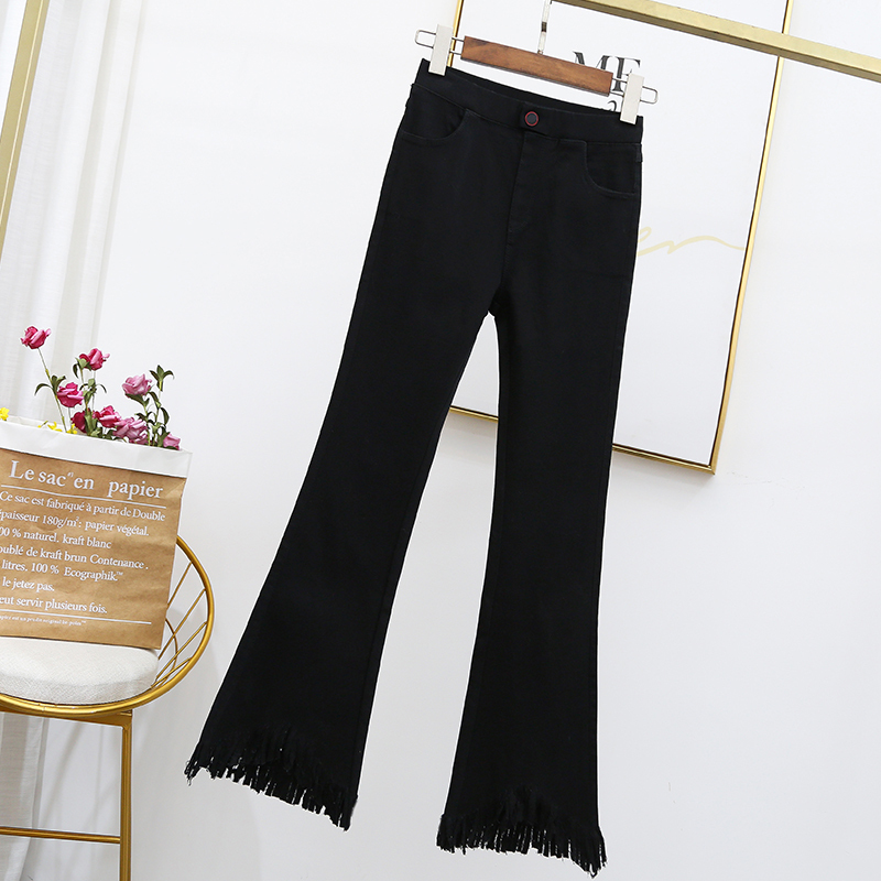 New fat girl large size micro-flared jeans women's autumn nine-point high-waisted fringed pants