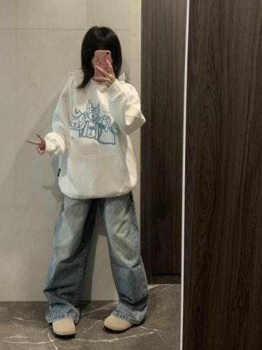 Heavyweight hoodie cordless plus velvet thickened sweatshirt for women autumn and winter oversize loose cartoon hooded jacket trendy top