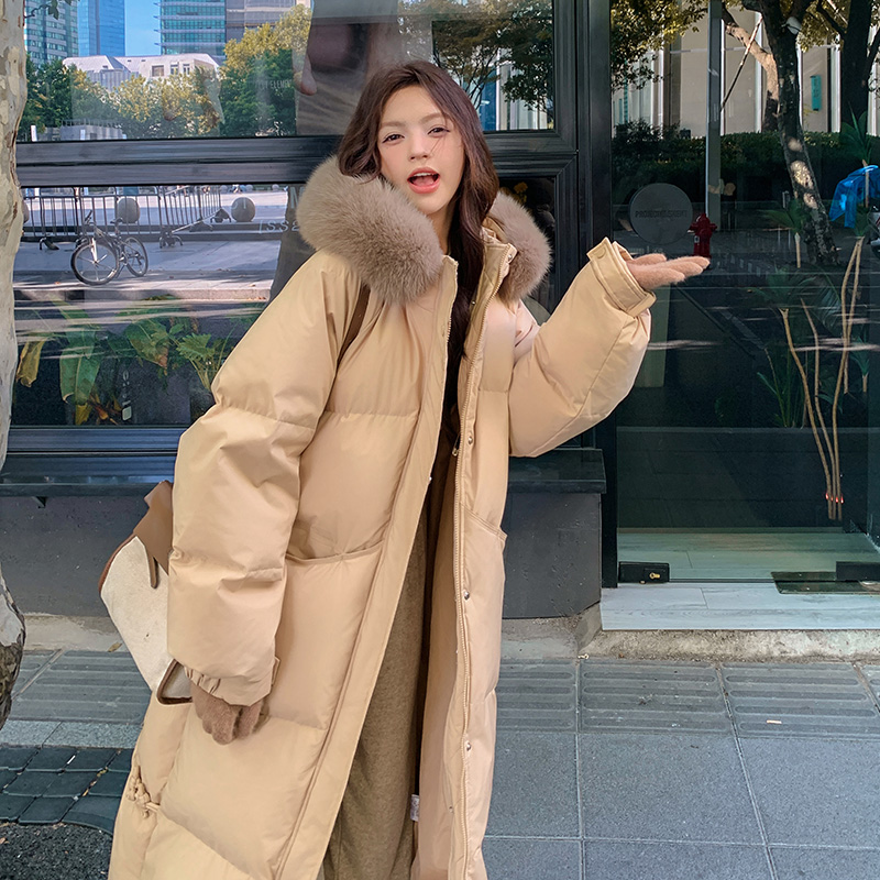 Actual shot of 2024 new hooded thickened mid-length large fur collar down jacket for women slimming winter jacket