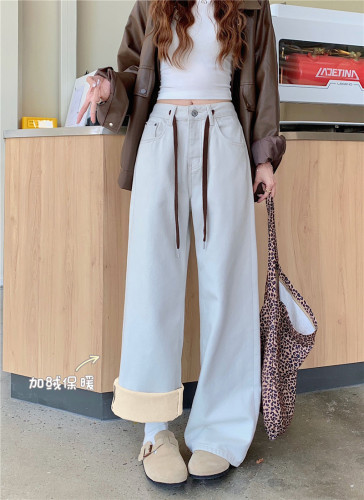 Photographed~ Fleece-lined and Thick Wide-leg Casual Pants for Autumn/Winter High-waist Slimming Drawstring Droopy Straight Leg Ground-length Pants for Women