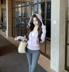 Photo-shoot Pink Fleece Hooded Sweatshirt Outerwear Slimming Tapered Long-sleeve Yoga Top