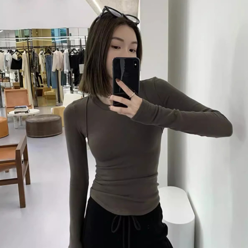 Warm German velvet long-sleeved T-shirt for women, irregular fishbone line inner top, autumn and winter slim-fitting bottoming shirt