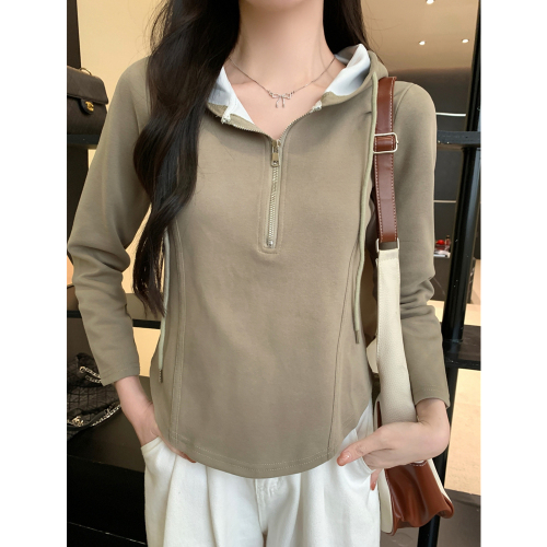 Real shot of Chinese cotton composite 2024 autumn short white hooded sweatshirt for women, bottoming shirt and hoodie