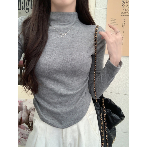 Real shot of sheep wool 280g half turtleneck long-sleeved T-shirt pleated bottoming shirt brushed thickened plus velvet