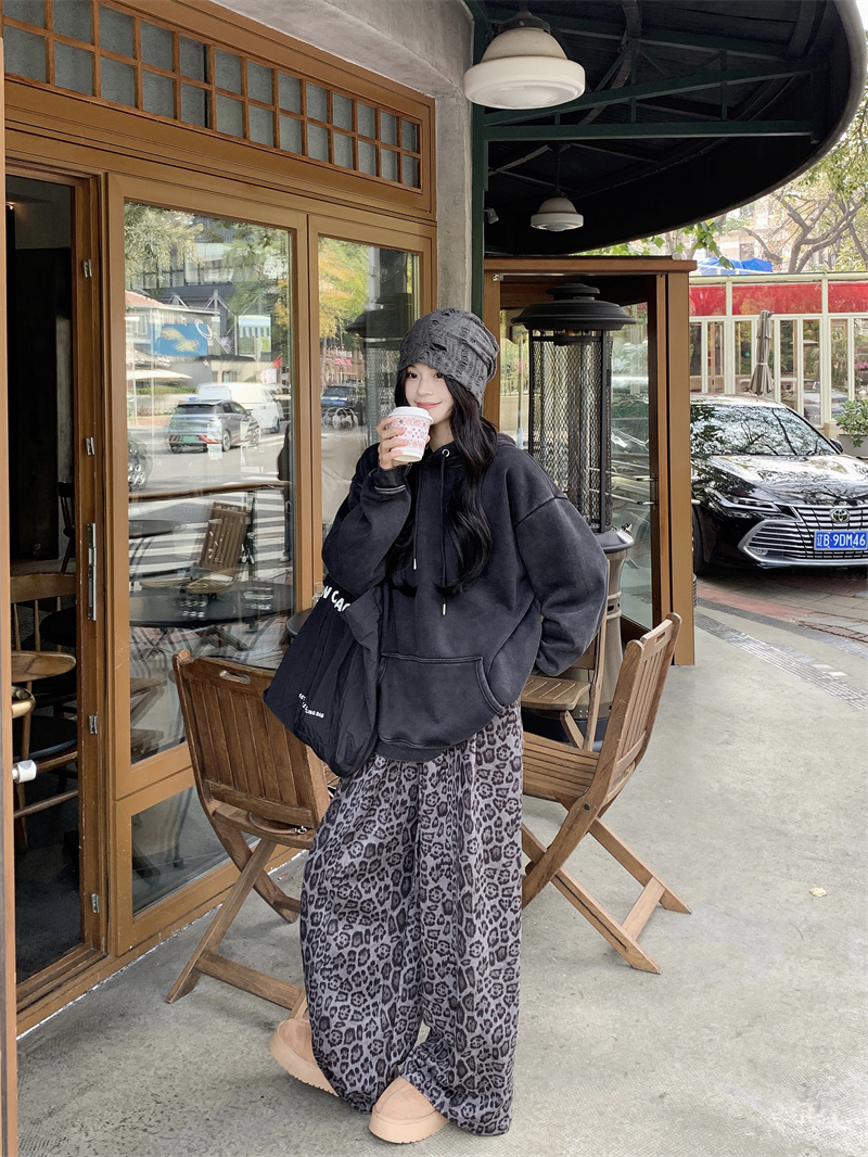 Vintage Washed Black Hooded Sweatshirt with Fleece + Leopard Print Casual Wide Leg Pants Set