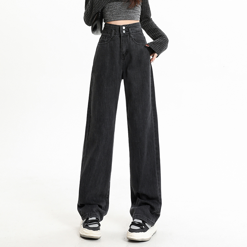 Personalized and versatile double-button high-waisted straight jeans for women in spring and autumn new loose casual wide-leg floor-length jeans