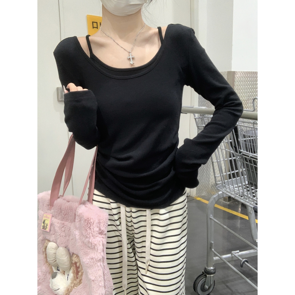Real shot of autumn and winter Korean version pure desire fake two-piece versatile design German velvet inner long-sleeved T-shirt top for women