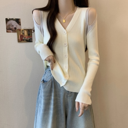 Large size autumn off-shoulder V-neck knitted cardigan for women with sweater bottoming shirt to cover belly and slimming top