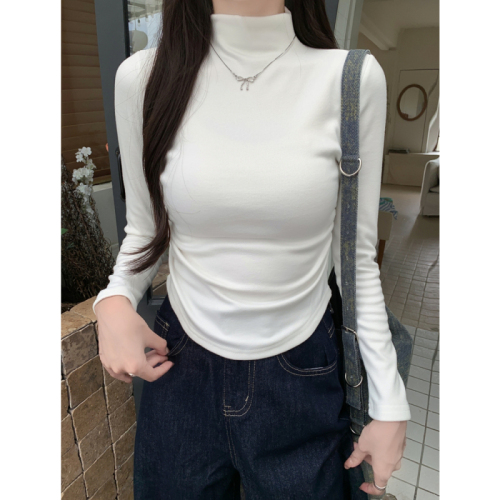 Real shot of sheep wool 280g half turtleneck long-sleeved T-shirt pleated bottoming shirt brushed thickened plus velvet