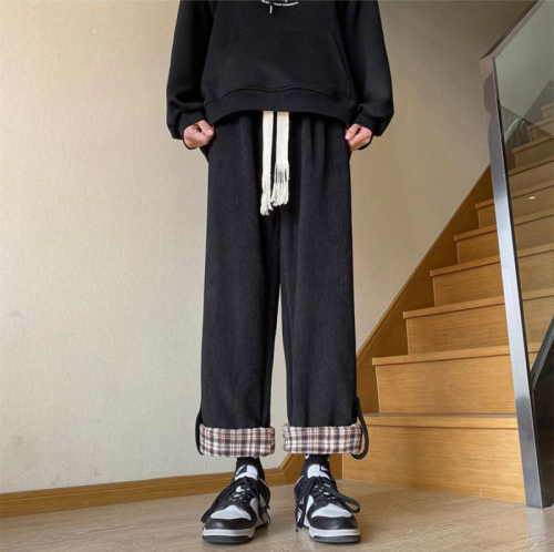 Autumn and winter corduroy plaid cuffed wide-leg pants for female students Korean style loose thin straight-leg pants with velvet