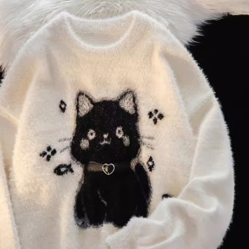 Japanese cute cat mohair sweater for women in autumn and winter soft and lazy style casual versatile couple pullover sweater