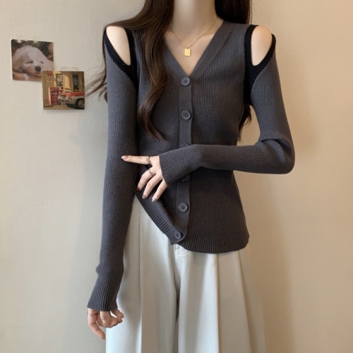 Large size autumn off-shoulder V-neck knitted cardigan for women with sweater bottoming shirt to cover belly and slimming top