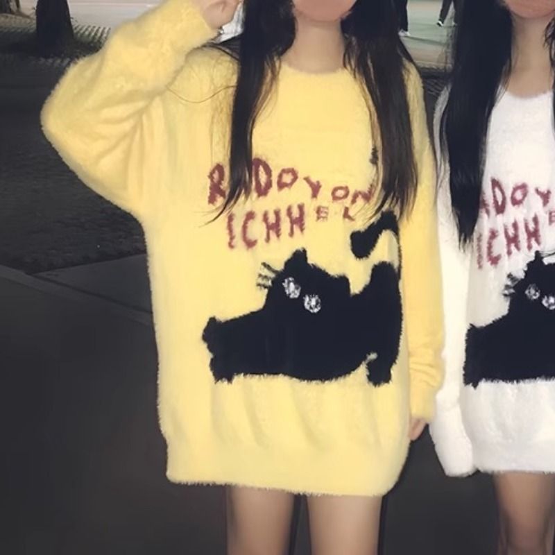 American Retro Shadow Cat Round Neck Sweater Women's Autumn and Winter Loose Lazy Style 2024 New Soft Waxy Thickened Sweater