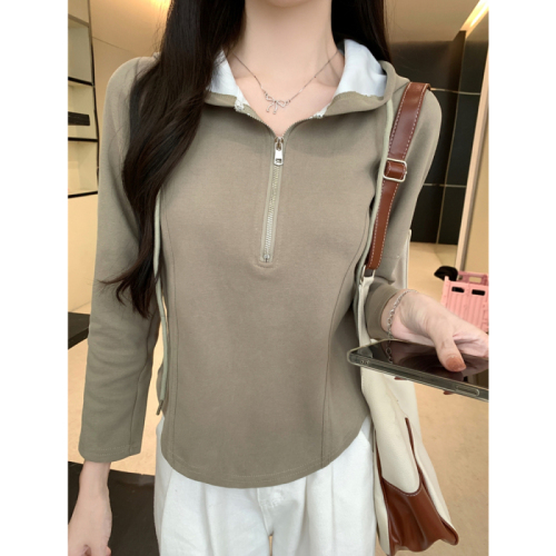 Real shot of Chinese cotton composite 2024 autumn short white hooded sweatshirt for women, bottoming shirt and hoodie