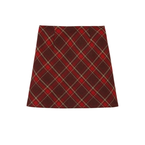 Tmall quality retro woolen red plaid skirt high waist plaid skirt hot girl a line hip skirt