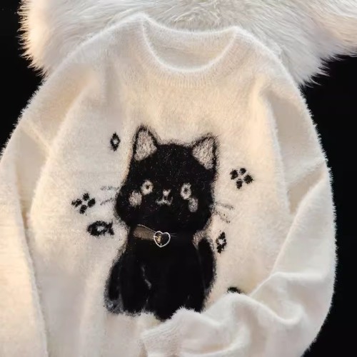 Japanese cute cat mohair sweater for women in autumn and winter soft and lazy style casual versatile couple pullover sweater