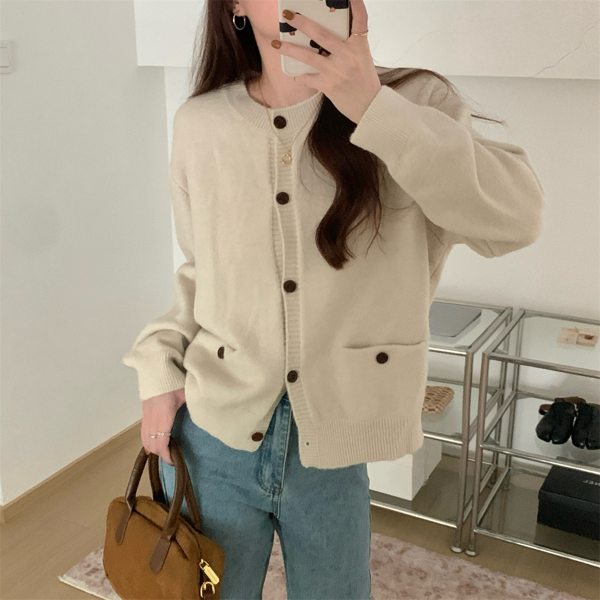 Actual shot of autumn and winter Korean style loose lazy pocket cashmere versatile sweater sweater jacket top for women