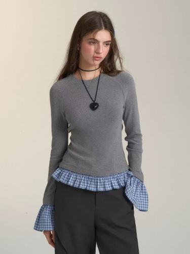 2024 new autumn and winter Korean style chic round neck long-sleeved versatile t-shirt plaid splicing black bottoming shirt for women