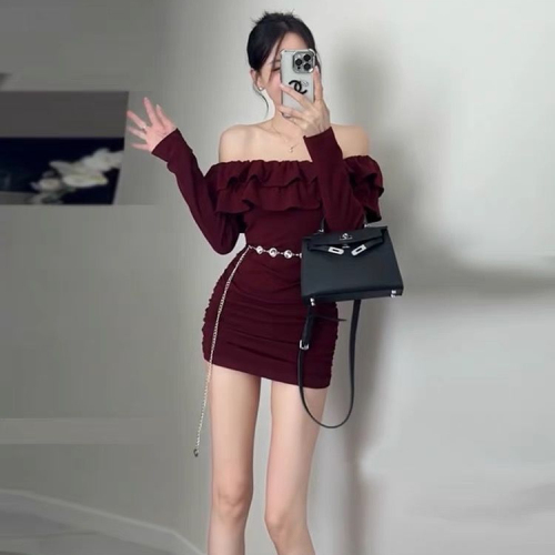 Beltless autumn design pleated slimming short skirt hot girl sexy new slim fit ruffle collar dress temperament