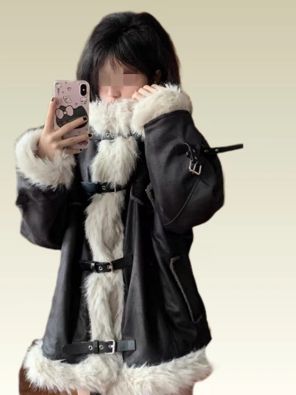 Retro plus velvet thick lamb fur all-in-one motorcycle jacket women's winter cotton coat