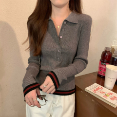 Real shot of autumn and winter Korean style temperament polo collar button color matching design Andy velvet sweater base sweater