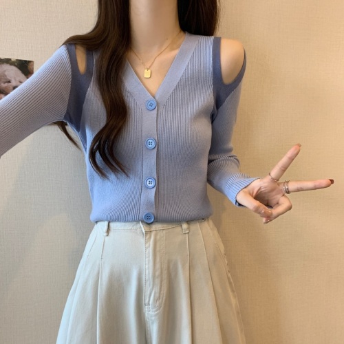 Large size autumn off-shoulder V-neck knitted cardigan for women with sweater bottoming shirt to cover belly and slimming top