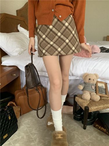 Tmall quality retro woolen red plaid skirt high waist plaid skirt hot girl a line hip skirt