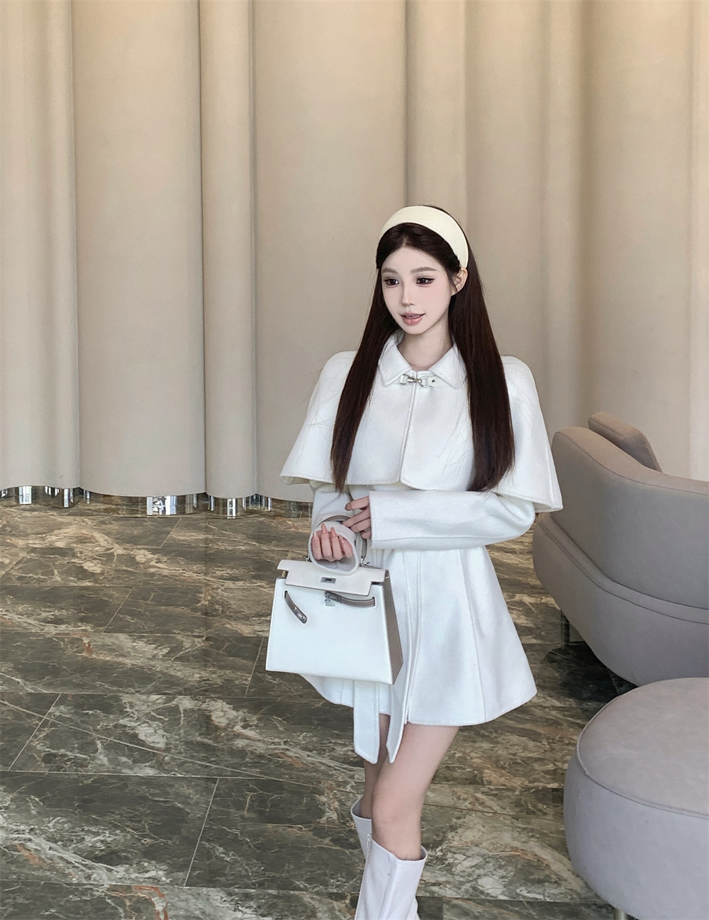 New winter white woolen coat suit women's shawl cape coat two-piece set