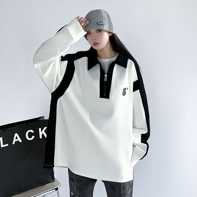 Hong Kong style autumn letter embroidered Polo collar pullover sweatshirt for women, fashionable color matching, trendy casual long-sleeved tops