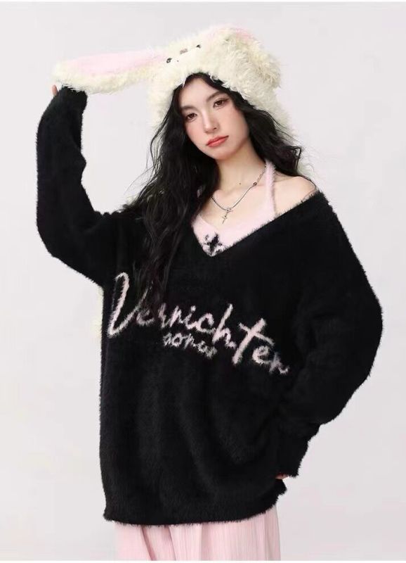 Fake two-piece soft and lazy college style long-sleeved v-neck sweater jacket for women loose outer wear knitted