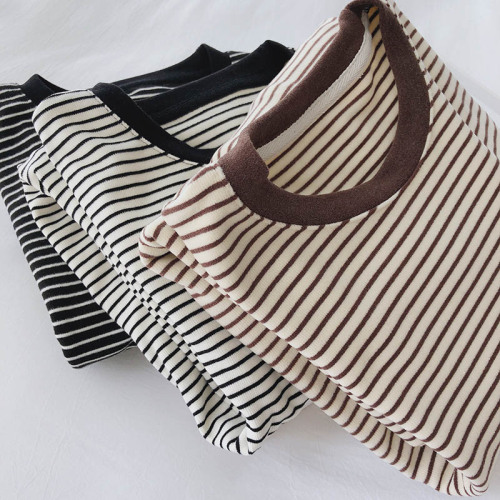 chic retro Hong Kong style striped long-sleeved T-shirt women's autumn and winter inner top Korean style loose warm bottoming shirt trendy brand