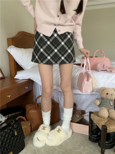 Tmall quality retro woolen red plaid skirt high waist plaid skirt hot girl a line hip skirt