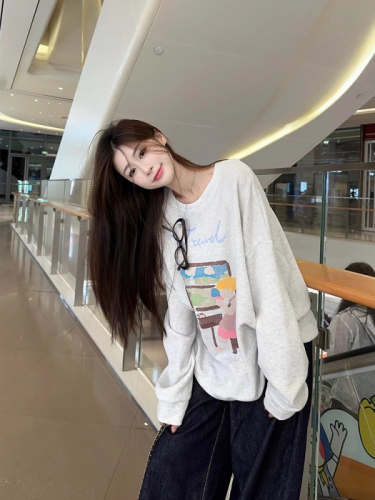 Official photo Korean style college style design print loose and versatile plus fleece casual sweatshirt plus fleece 250g